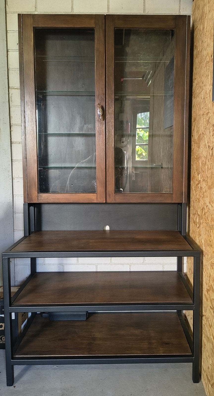 Industriële kast met losse apothekersvitrine, Ophalen, 200 cm of meer, 50 tot 100 cm, Overige houtsoorten