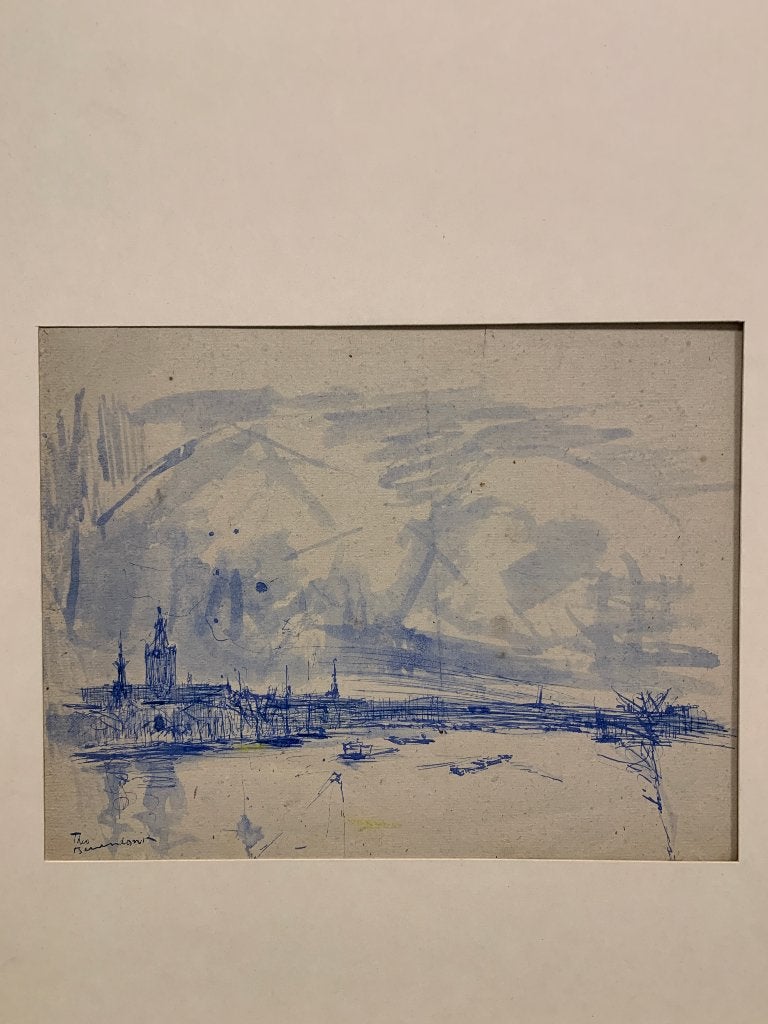 Theo Beerendonk - gemengde techniek - zicht op dorp, Expressionistisch, Ophalen of Verzenden, Gesigneerd, Tekening