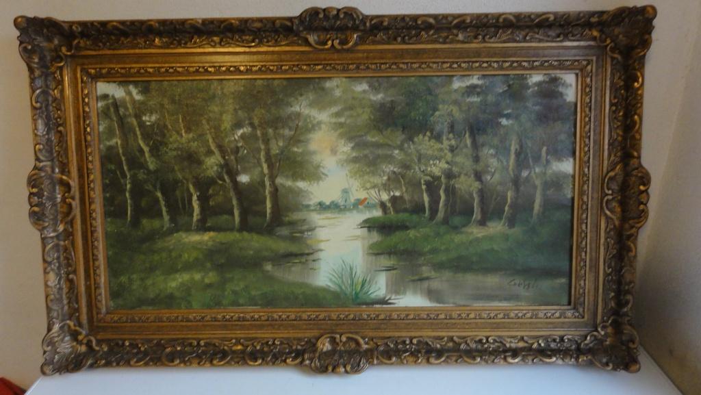 Schilderij, bos, rivier en, molen en huizen gesigneerd, Ophalen of Verzenden