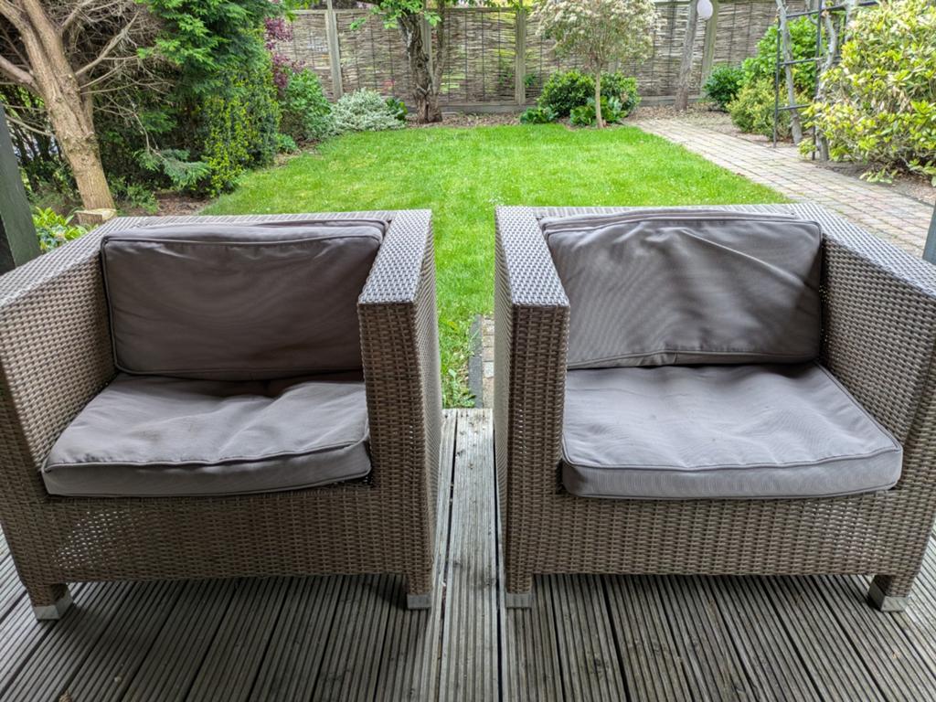 2 loungestoelen, Tuin en Terras, Tuinsets en Loungesets, Ophalen, Gebruikt, Wicker, 2 zitplaatsen