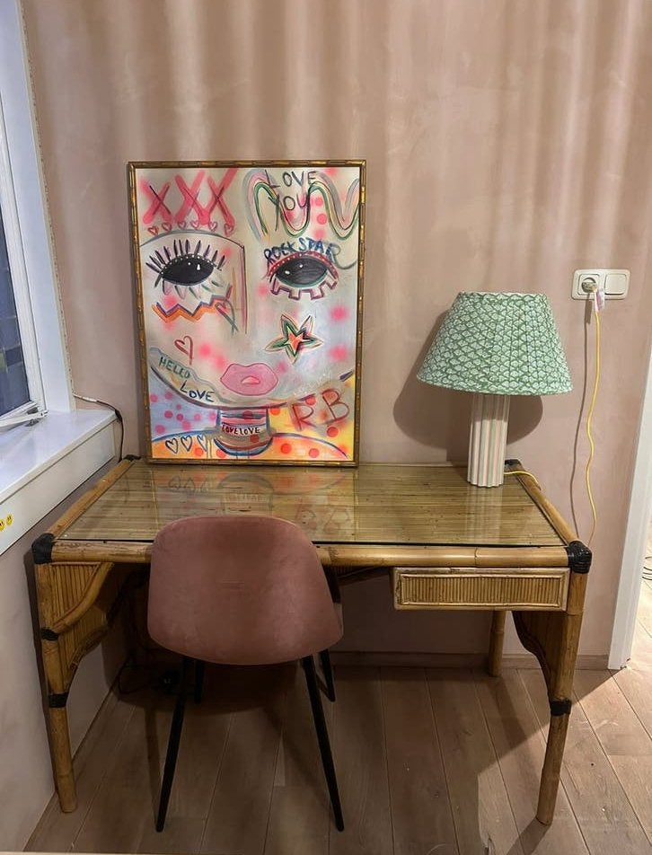 Vintage bamboe bureau met glasplaat, Huis en Inrichting, Bureaus, Ophalen, Overige typen, Gebruikt, Hout