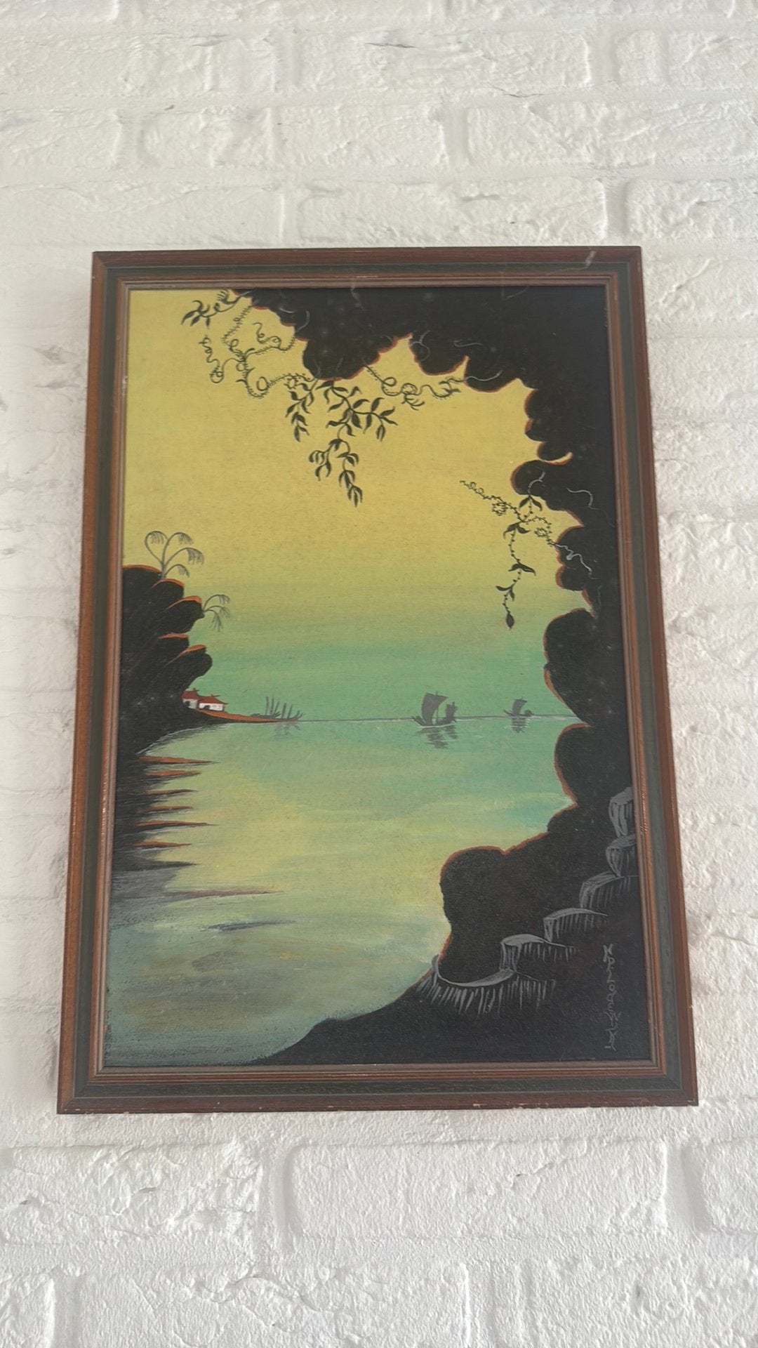 Vintage schilderij met oosterse landschapssilhouet, Antiek en Kunst, Kunst | Schilderijen | Klassiek, Ophalen