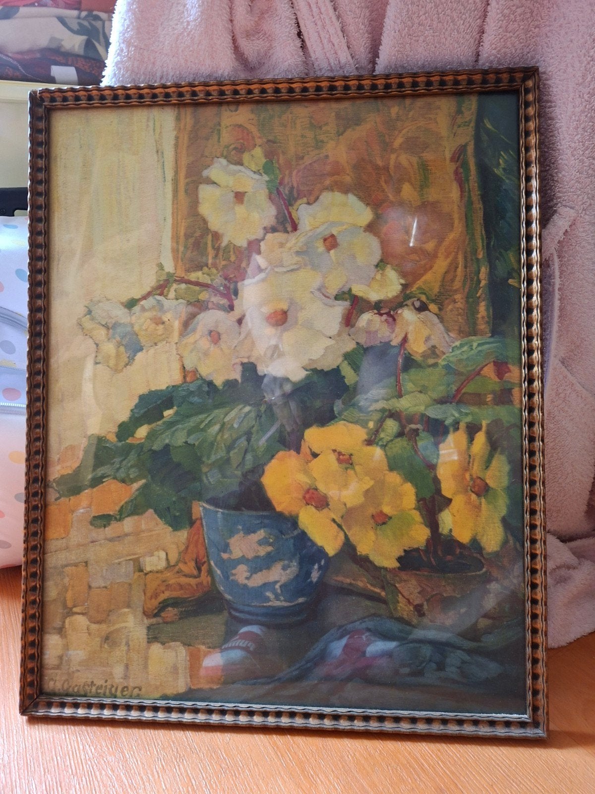 Vintage bloemen olieverf herdruk in lijst, Anna Sophie Gaste, Ophalen, Bloemen