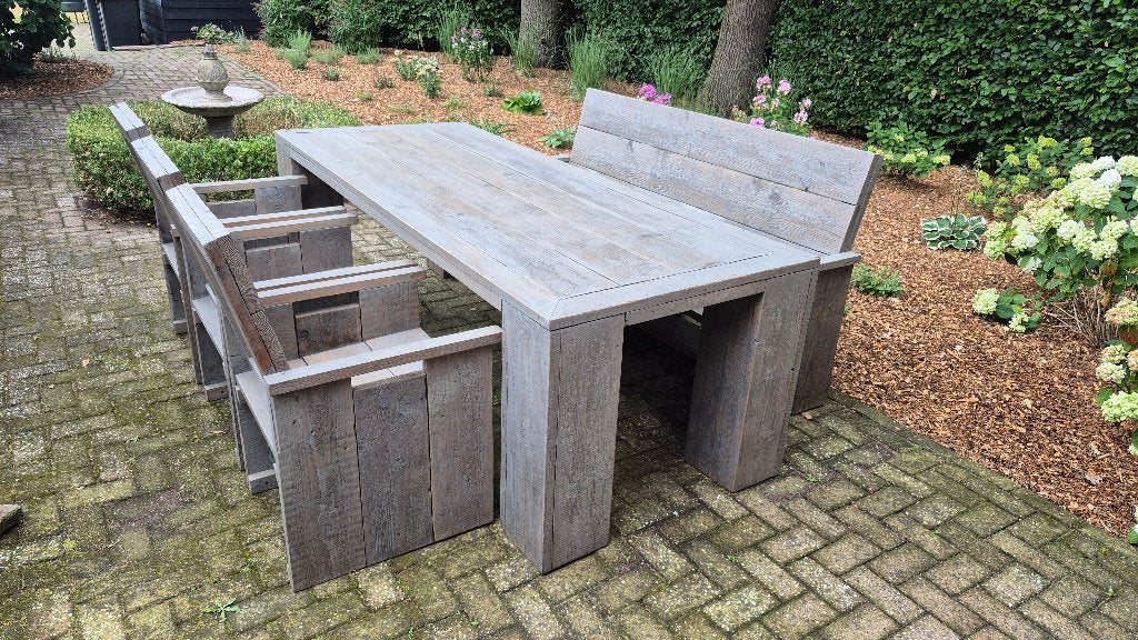 Steigerhouten tuinset XL tafel 238x98cm! NIEUW STAAT!, Ophalen, Bank, Steigerhout, Zo goed als nieuw