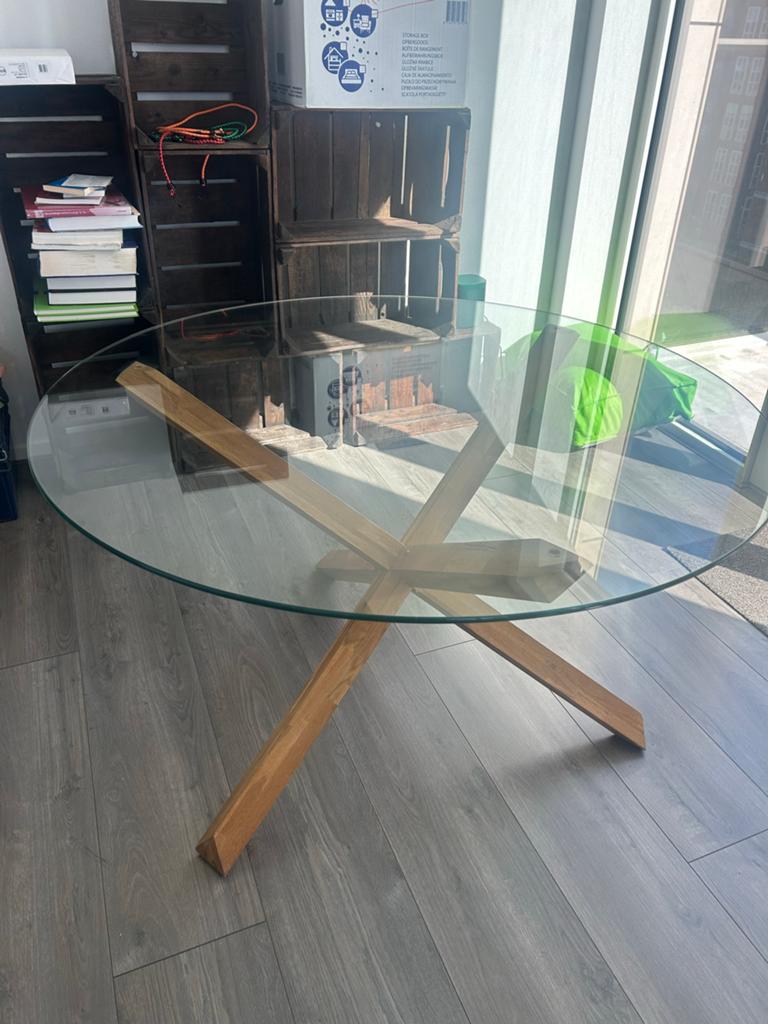 Glazen eettafel met houten onderstel, Ophalen, 100 tot 150 cm, Rond, Drie personen
