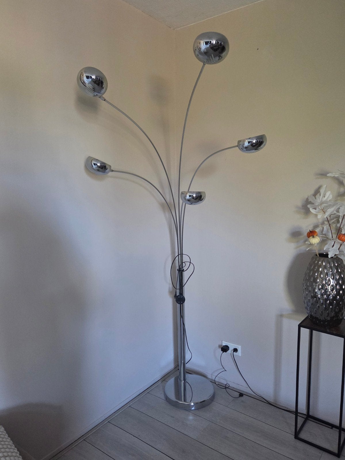 Moderne booglamp met 5 lichtpunten - Chroom, Ophalen, Gebruikt, Overige fittingen, Metaal