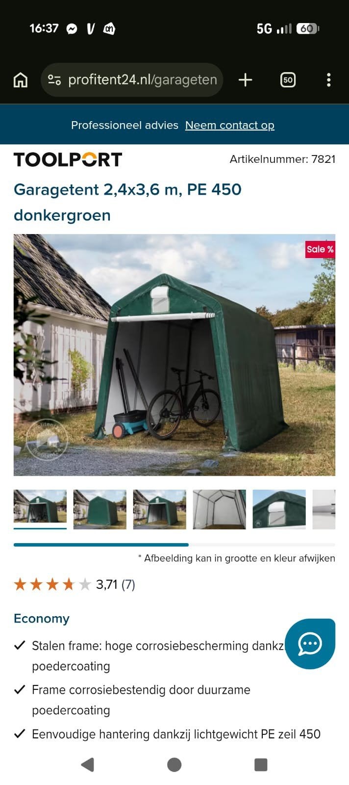 Garagetent 2,4x3,6 m, PE 450 donkergroen, Ophalen, Zo goed als nieuw, Metaal, Overige typen