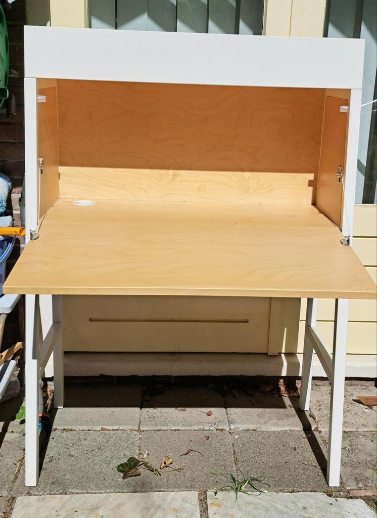 Ikea PS 2014 secretaire - opklapbaar bureau Wit/Berkenhout, Huis en Inrichting, Ophalen, Gebruikt, Modern Scandinavisch