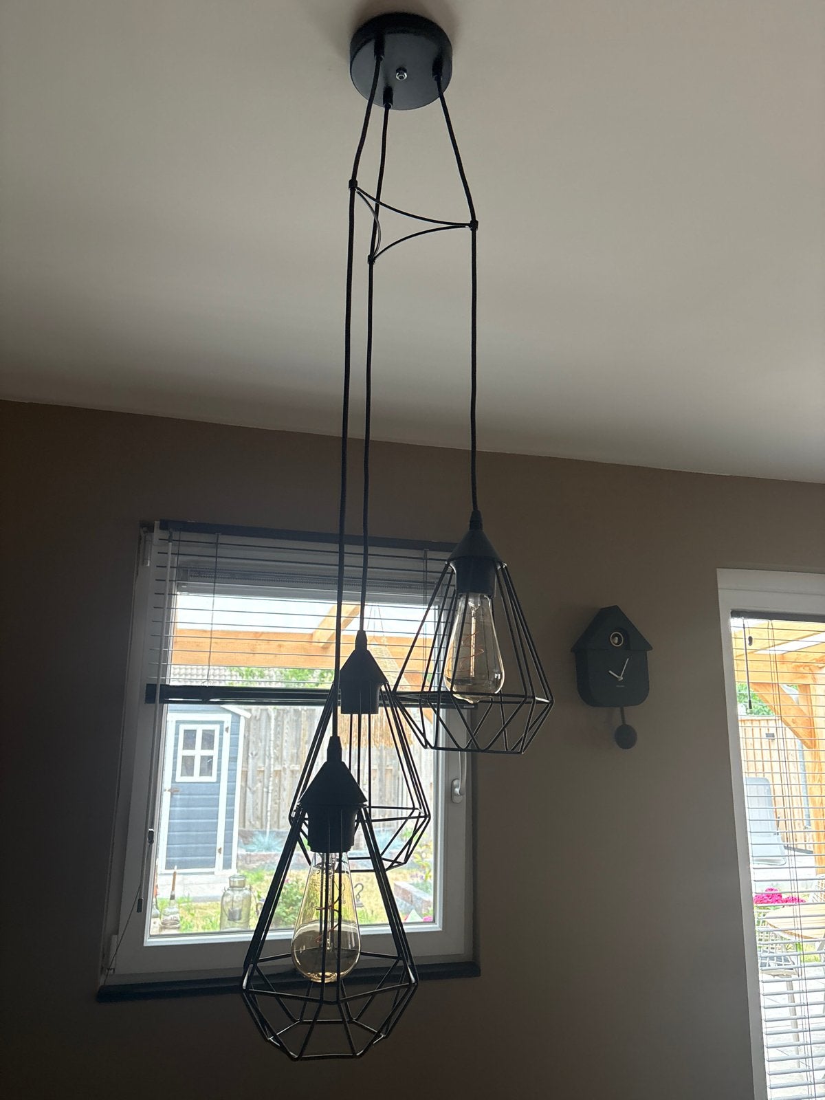 Zwarte industriële hanglamp met 3 kappen, Ophalen, Gebruikt, Metaal, E27 (groot)