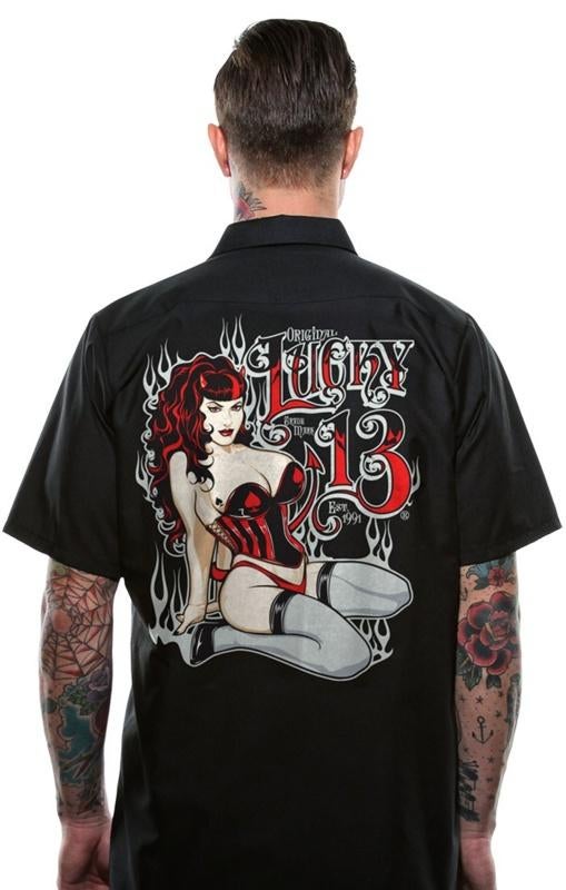 Lucky 13 workshirt miss fire medium, Info@workingclassrebel.com, Zwart, Nieuw, Lucky 13