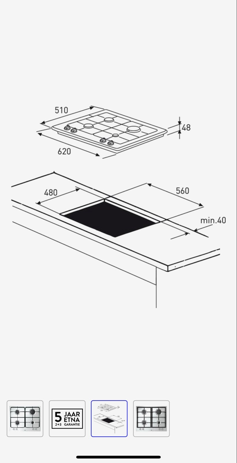 ETNA Gasfornuis met Oven - Inbouw - 4 Kookzones, Witgoed en Apparatuur, Fornuizen, Ophalen, Gebruikt, Minder dan 85 cm, 60 cm of meer