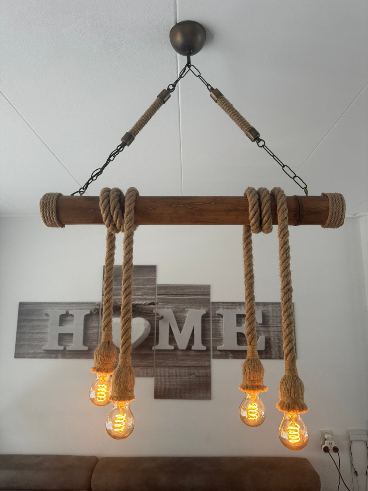 2 stuks Stoere industriële hanglampen van bamboe hout, Huis en Inrichting, Ophalen of Verzenden, Zo goed als nieuw, Hout