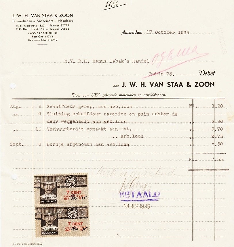 Rekening 1935, zegels omzetbelasting., Ophalen of Verzenden, Verzamelalbum
