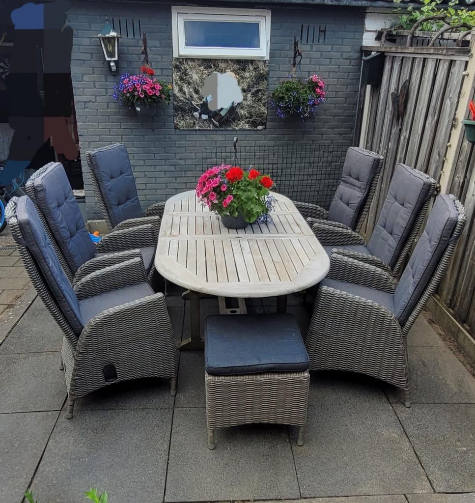 Wicker verstelbare tuinset met uitschuifbare houten tafel, Ophalen, Gebruikt, Wicker, Stoel