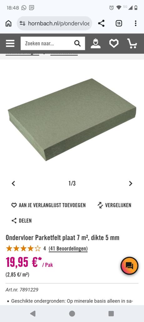 Parketfelt ondervloer platen Hornbach nieuw ondervloerplaat, Ophalen, Overige materialen, 30 cm of meer, 50 tot 150 cm
