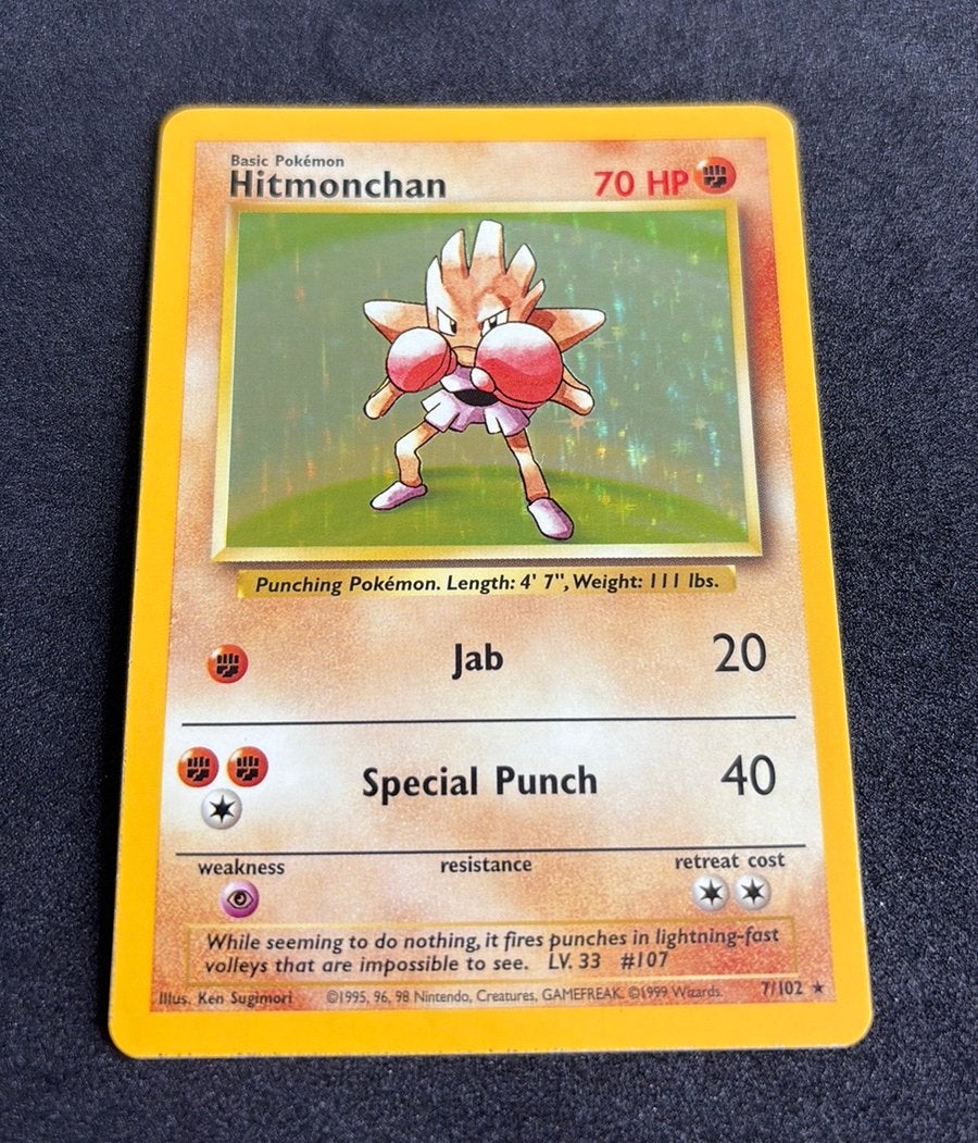 Hitmonchan Base Set Unlimited Holo, Ophalen of Verzenden, Zo goed als nieuw, Losse kaart, Foil