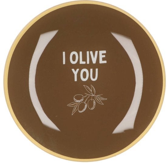 Glazen bordje 'I Olive You' - Bruin met olijfmotief, Huis en Inrichting, Ophalen of Verzenden, Zo goed als nieuw, Glas, Bord(en)