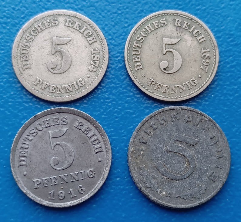 Duitsland lot van 4 x 5 Reichspfennig (1874-1940), Verzenden, Duitsland, Setje