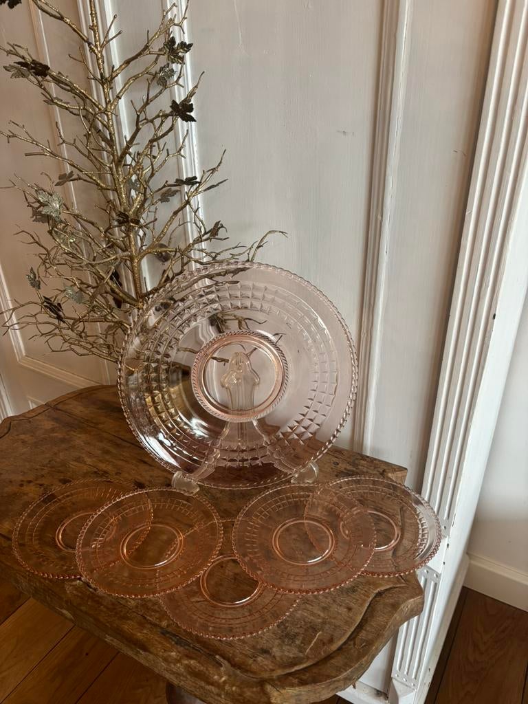 Rosaline roze persglas, gebakstel, jaren 20,vintage, Ophalen of Verzenden