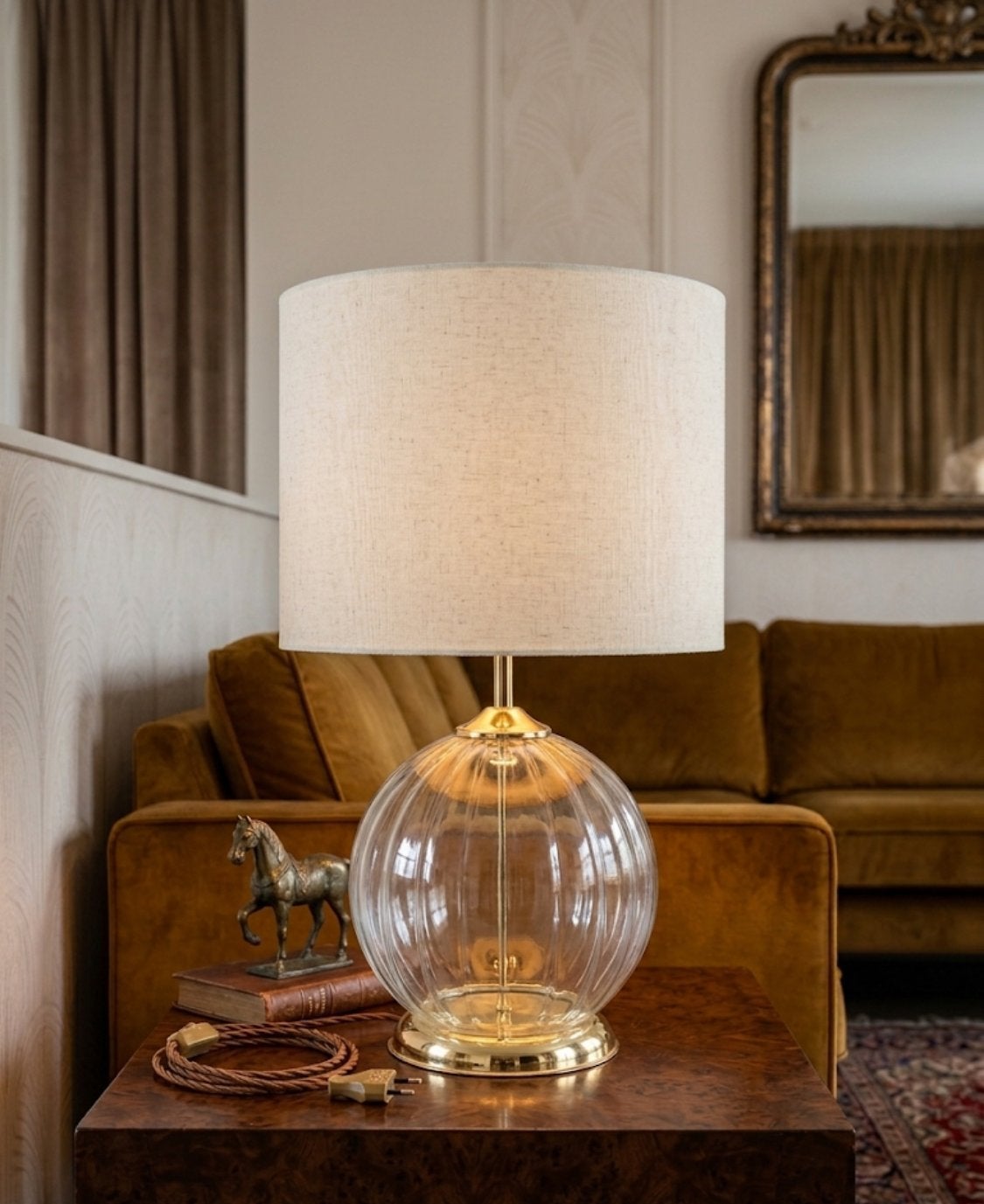 Vintage glazen tafellamp met goud kleur details, Met schakelaar, Gebruikt, Glas, Schemerlamp