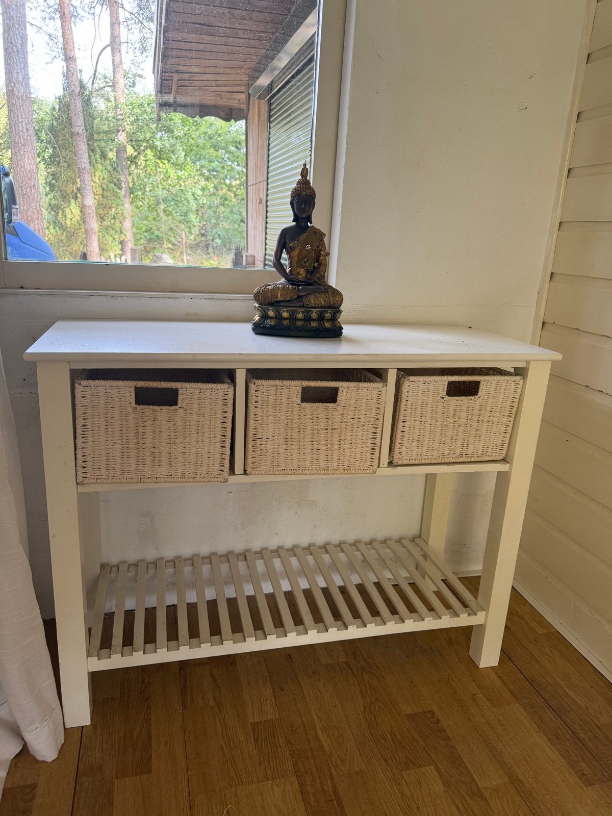 Witte console tafel met rieten manden, Ophalen, Gebruikt, 75 cm of meer, 60 cm of meer