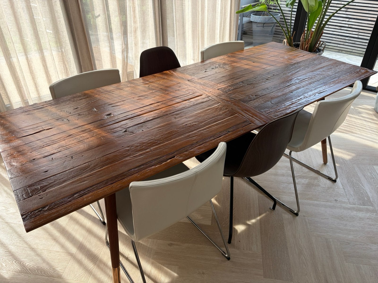Eetkamertafel met rustiek houten blad, Ophalen, Gebruikt, Design, Teakhout