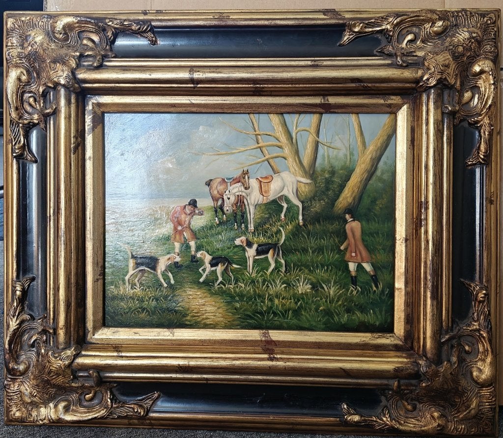 Schilderij van een Engels jachttafereel in sublieme lijst, Paneel, Realistisch, Dieren, Ophalen of Verzenden