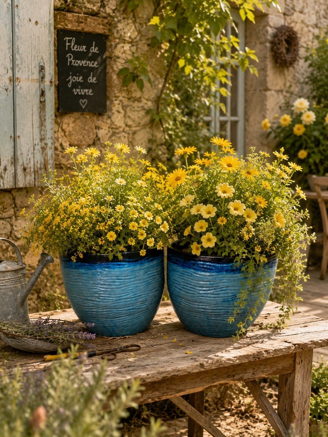 Set van 2 Nieuwe Geglazuurde Plantenpotten - 3 Tinten Blauw, Tuin en Terras, Bloempotten, Rond, Nieuw, Minder dan 40 cm, Ophalen