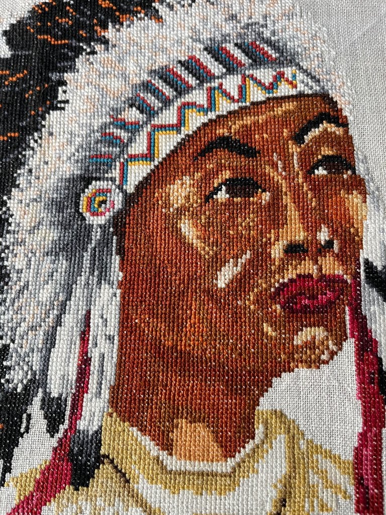 Indianen-familie geborduurd (man,vrouw,kind), Huis en Inrichting, Minder dan 50 cm, Ophalen of Verzenden, Zo goed als nieuw, Schilderij