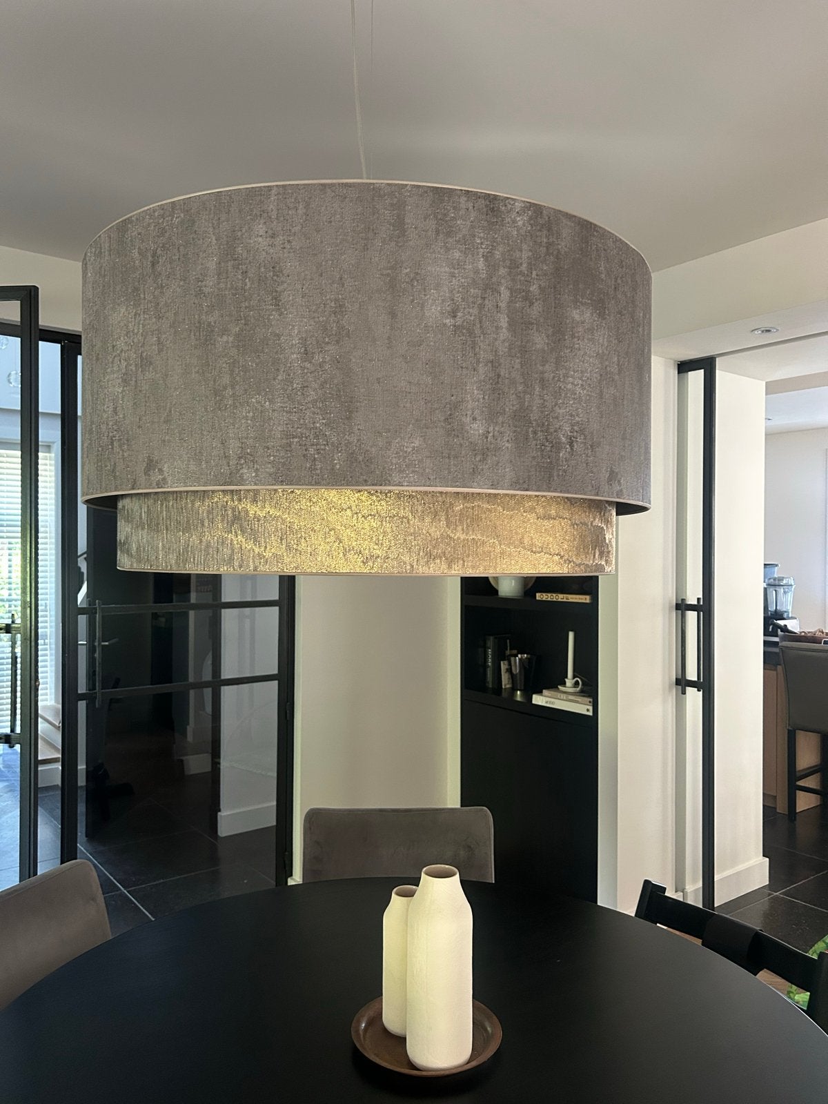 Duran lamp dubbele kap - Stijlvolle hanglamp, Ophalen of Verzenden, Zo goed als nieuw, Textiel, E27 (groot)