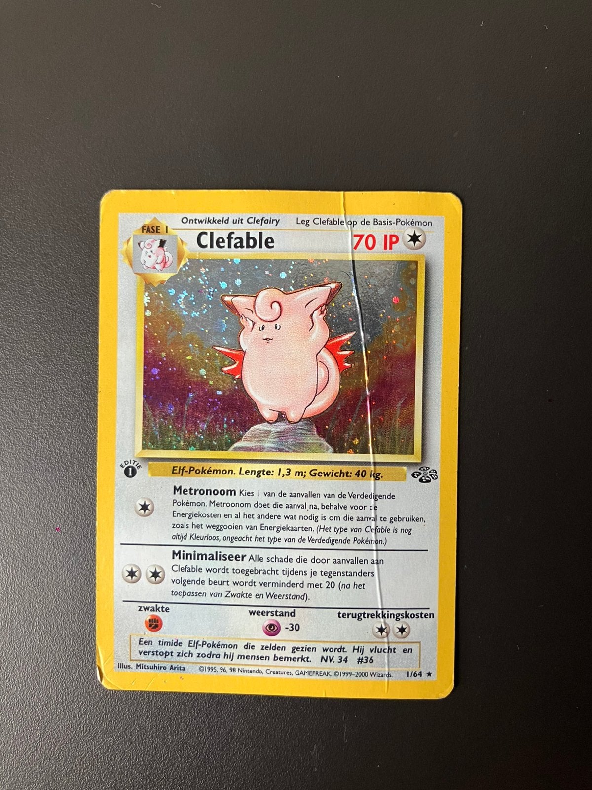 Clefable Holo 1e Editie - Junge Set Pokémon kaart beschadigd, Hobby en Vrije tijd, Ophalen of Verzenden, Gebruikt