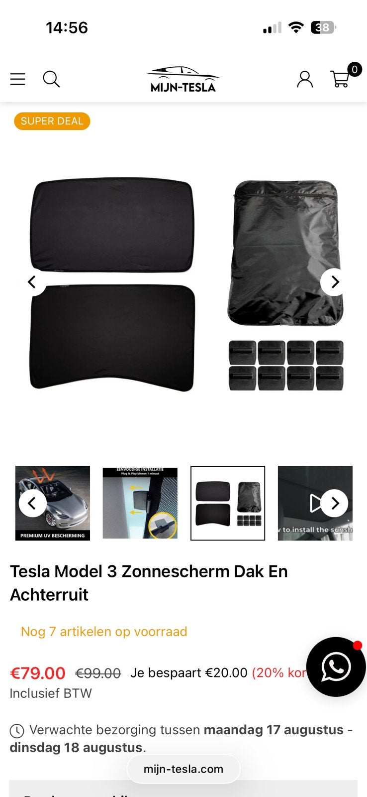 Zonnescherm dak + voorruit Tesla model 3, Ophalen