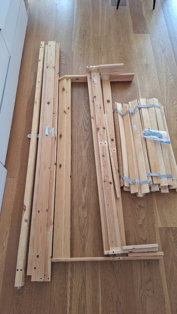 Massief grenen IKEA NEIDEN bedframe (140x200), Ophalen, Bruin, 210 cm, Tweepersoons