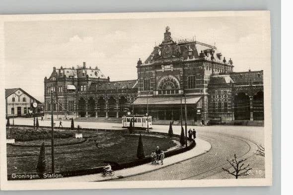 Groningen Station met tram, Verzamelen, Ophalen of Verzenden, 1920 tot 1940, Ongelopen, Groningen