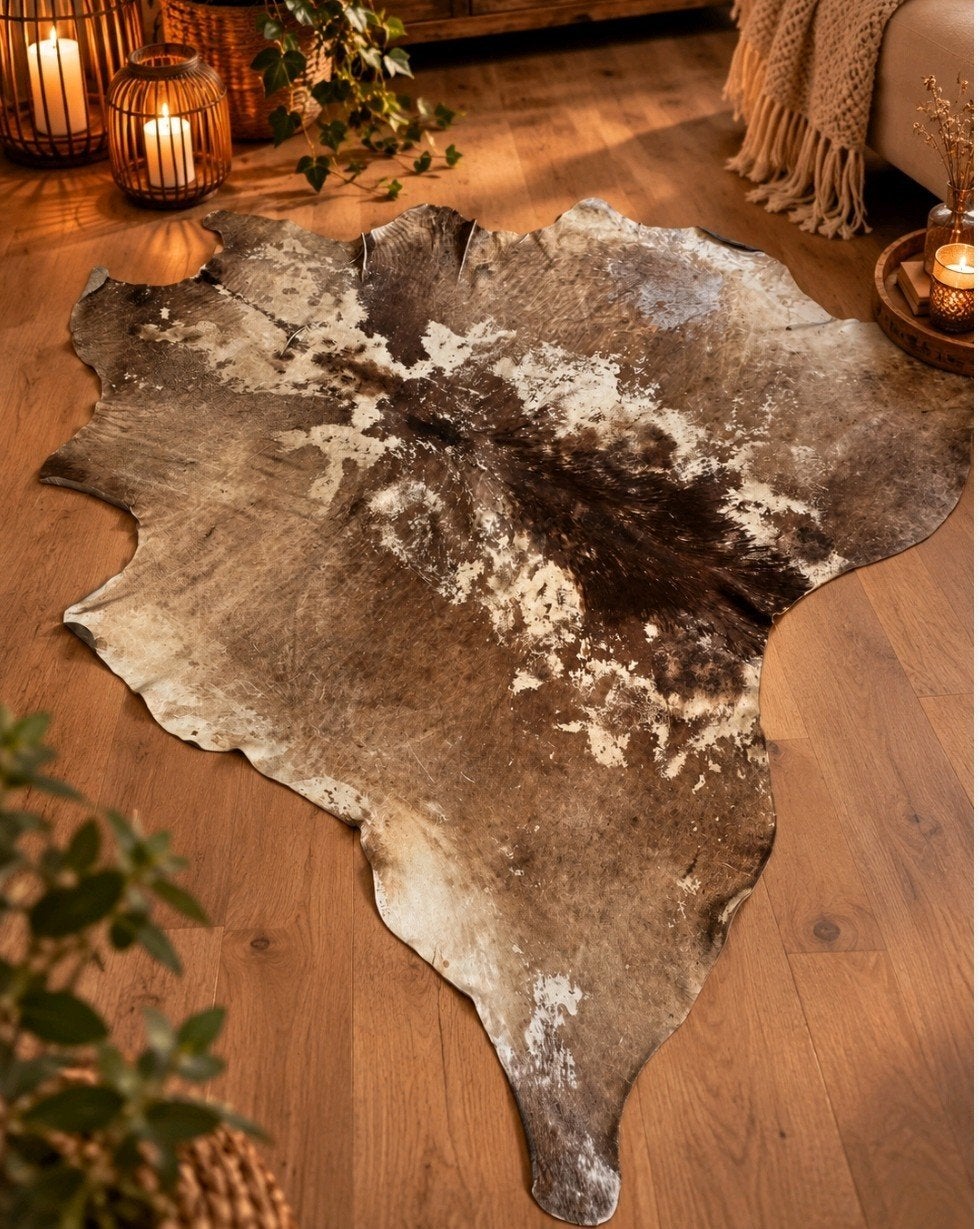 Prachtig koeienhuid vloerkleed - Natuurlijk en uniek, Gebruikt, Beige, 100 tot 150 cm, Ophalen of Verzenden