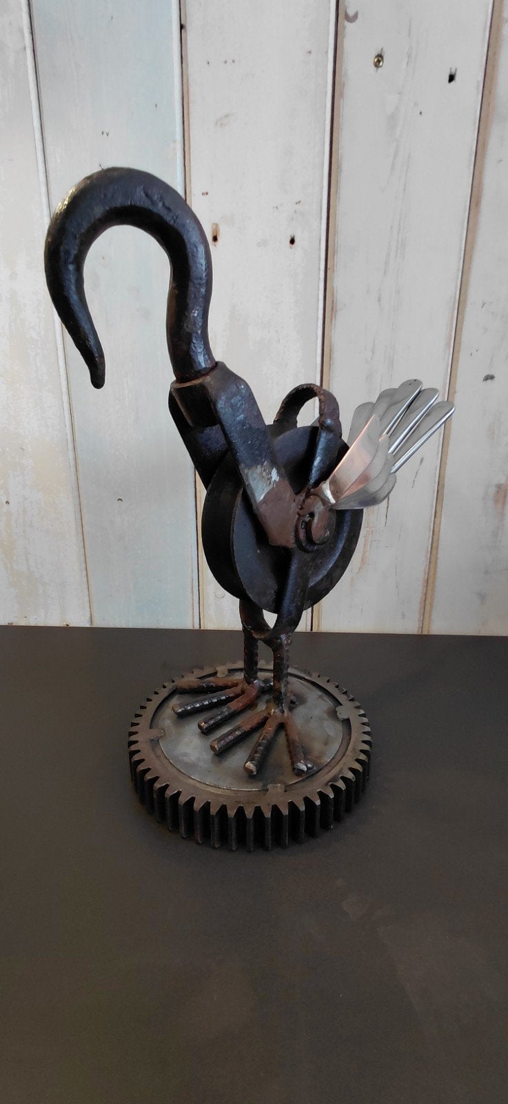 Metalen vogel van oud katrol - hergebruik - upcycling, Ophalen of Verzenden, Metaal, Industrieel