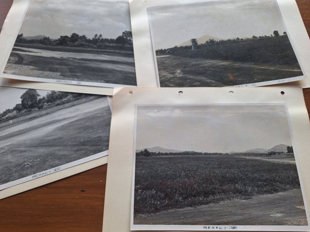 1948 Zes luchtfoto's Menado vliegveld (Celebes Sulawesi), Verzenden, Luchtmacht, Nederland, Foto of Poster
