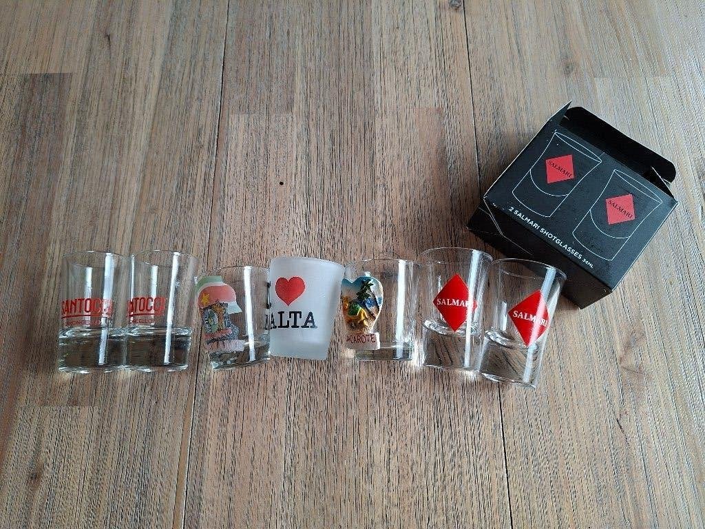 7 x shotglaasjes.Salmari.Santocci.suriname,malta,Lanzarote, Ophalen of Verzenden, Nieuw, Borrel- of Shotglas