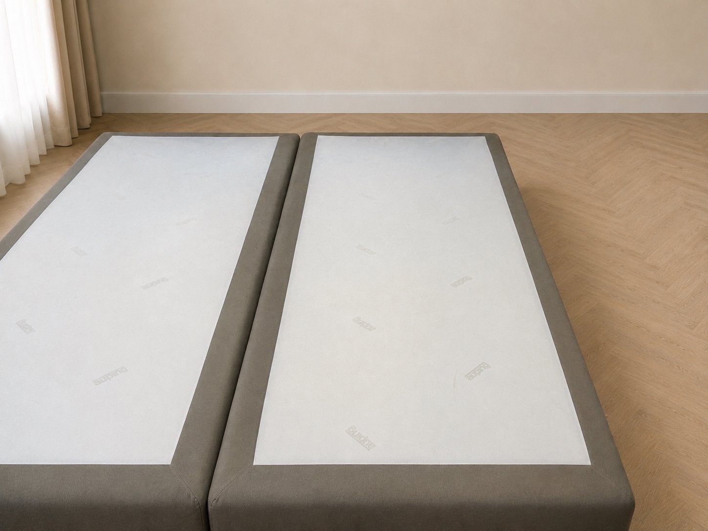 Auping boxspring set 2x 90x200 cm | gereinigd | grijs/taupe, Luxe Auping, Tweepersoons, Ophalen of Verzenden, Zo goed als nieuw