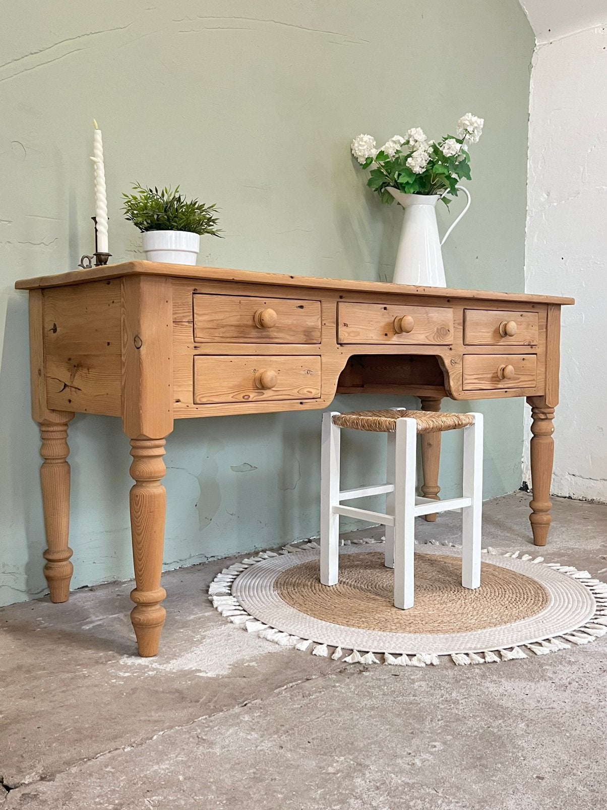 Brocante grenen bureau dressoir sidetable, Ophalen, Opbergruimte, Gebruikt, 155 cm
