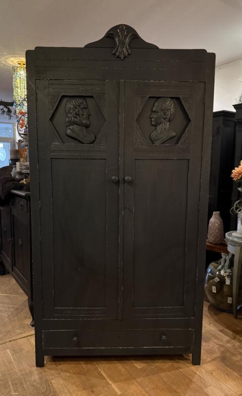 Antieke kast, brocante legkast, uniek vintage kastje VdlM, Ophalen, 100 tot 150 cm, Zo goed als nieuw, 3 of 4 laden