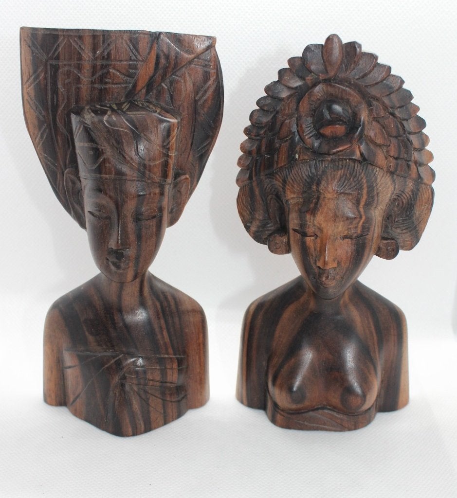 Balinees houtsnijwerk 2 bustes, Ophalen, Minder dan 20 cm, Buste, Handgemaakt