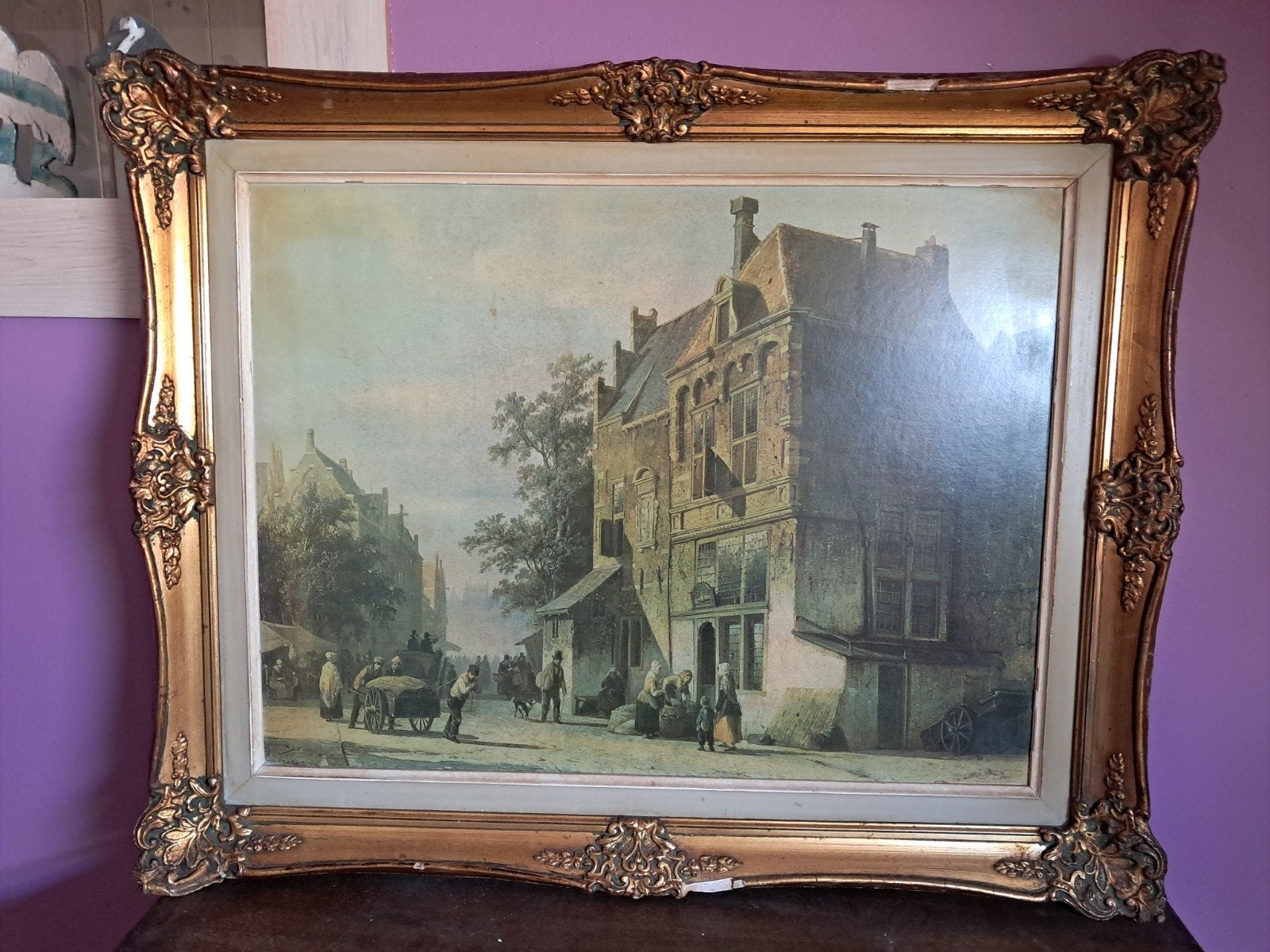 Originele houten lijst met gipsen sierrand, beschadigd, Ophalen, Gebruikt, 50 tot 75 cm, 75 tot 100 cm