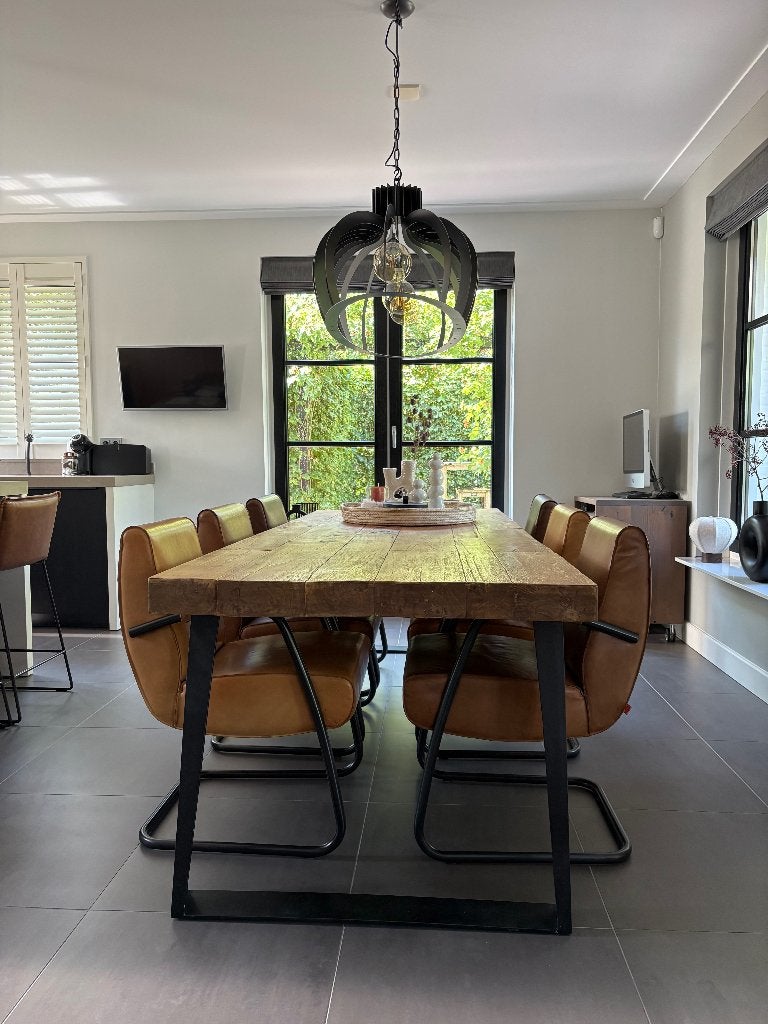 Massief teakhouten eettafel met 6 leren design stoelen, Ophalen, Zo goed als nieuw, 4 tot 6 stoelen