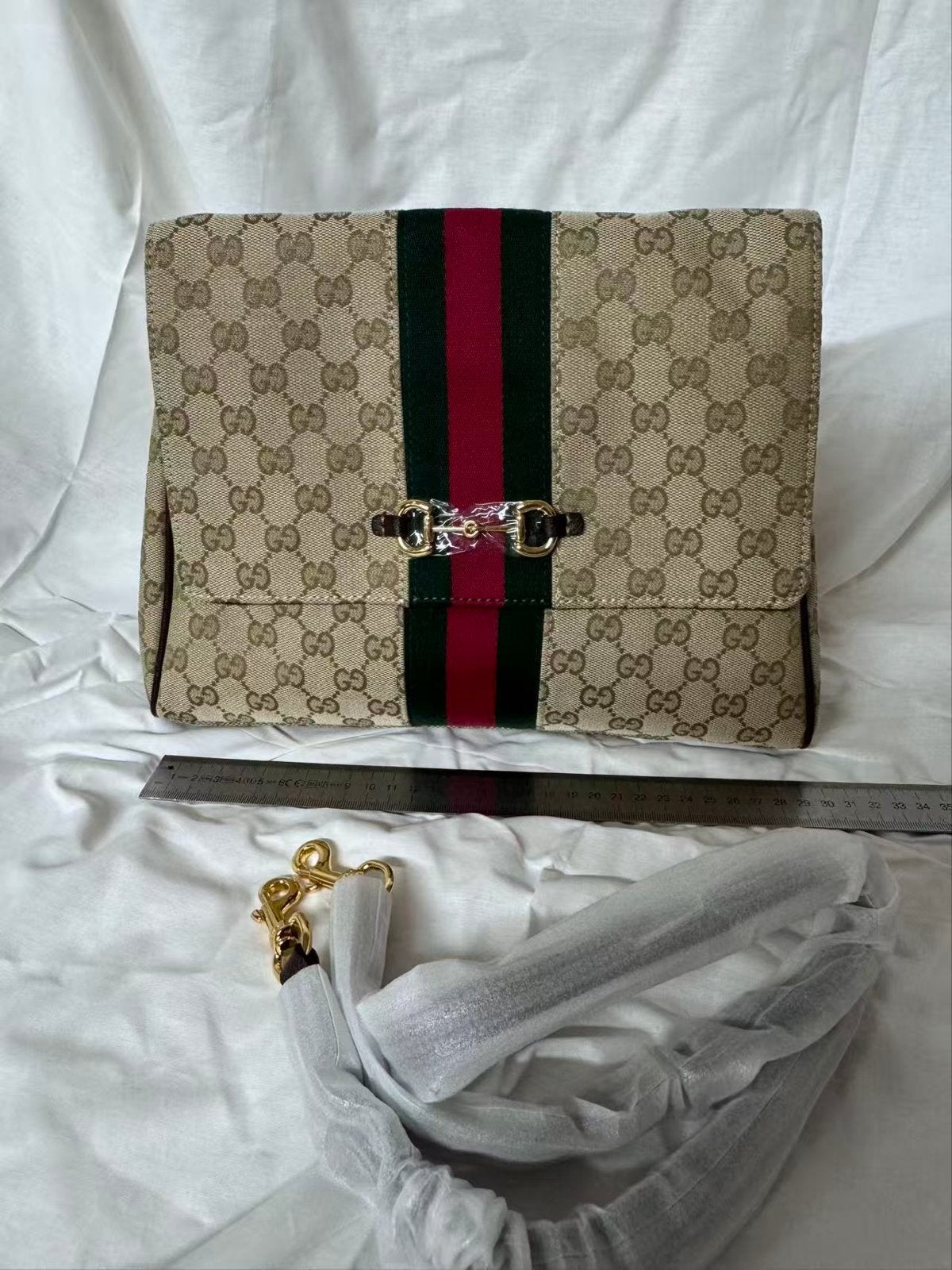 Gucci 1955 Horsebit Tas: Klassiek GG Canvas & Webstrip, Ophalen of Verzenden, Zo goed als nieuw, Bruin, Handtas