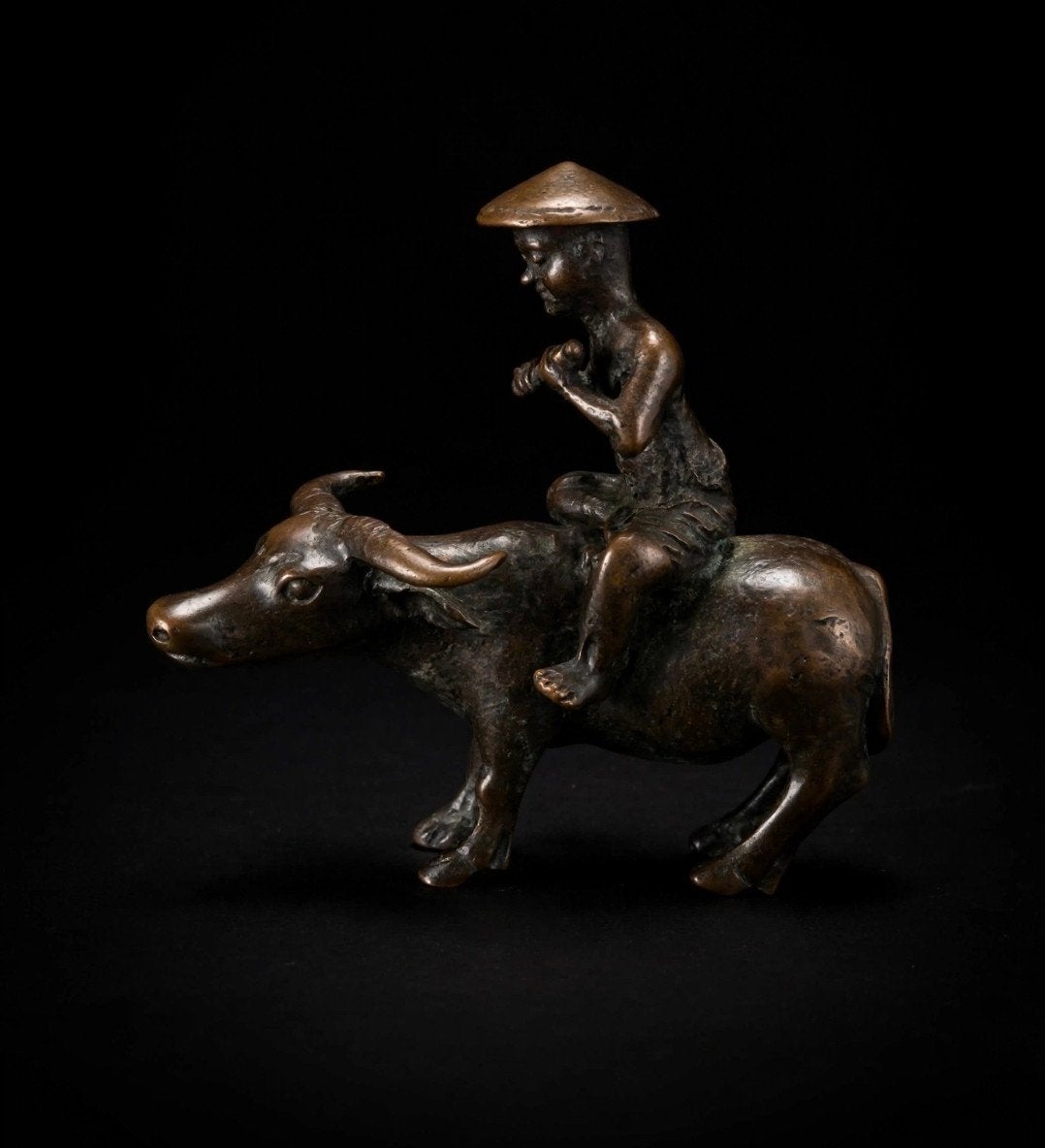 Klein Bronzen Beeldje Jongen op Waterbuffel - Antiek Aziatis, Ophalen of Verzenden, Brons