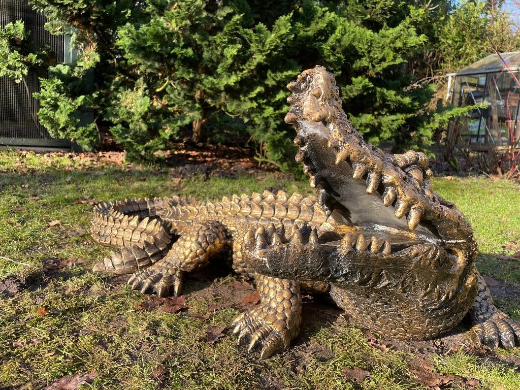 krokodil Antiek goud, tuin, zwembad, vijver, boerderij 125cm, Ophalen, Nieuw, Kunststof, Dierenbeeld