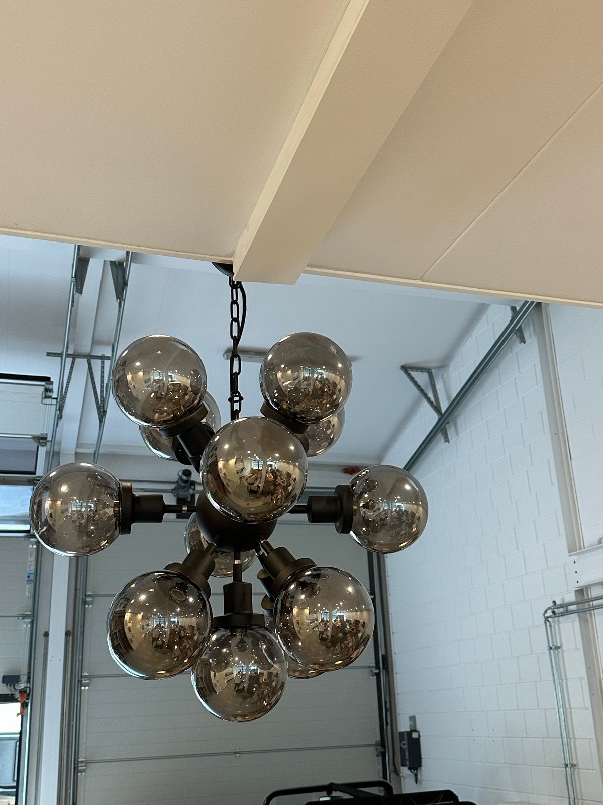 Moderne Sputnik Kroonluchter met Rookglas Bollen, Ophalen, Zo goed als nieuw, Glas, E14 (klein)