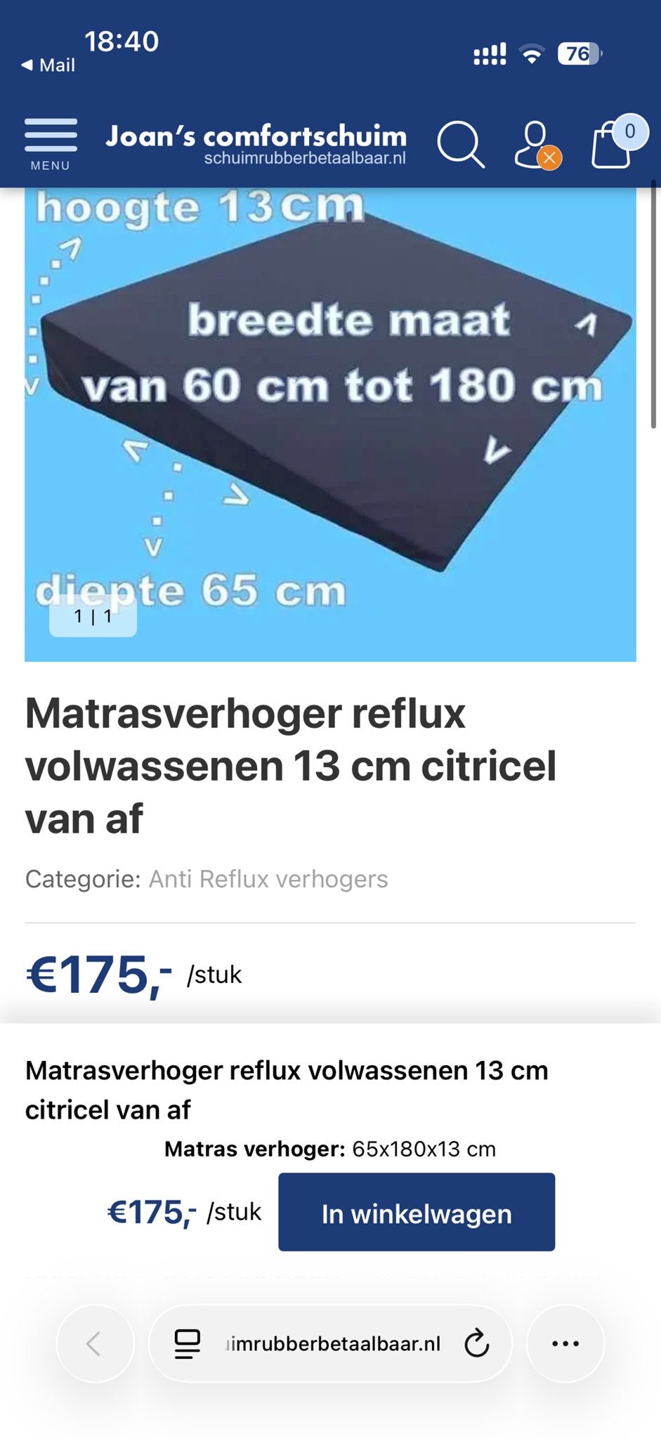 Joan's Comfortschuim Matrasverhoger reflux 65x180x13cn, Zo goed als nieuw, Matras, Eenpersoons, 70 cm of minder