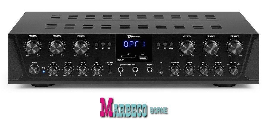 Versterker, Audio Amplifier, Bluetooth, USB, SD, MP3, 6-zone, Info@marbeco.nl, Power Dynamics, Nieuw, Overige instrumenten